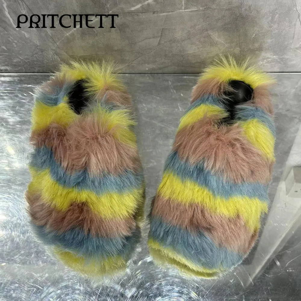 Colorful Fur Slippers with Round Toe and Hollow Back Warm and Comfortable Slippers Daily Casual Large Size Women's Shoes