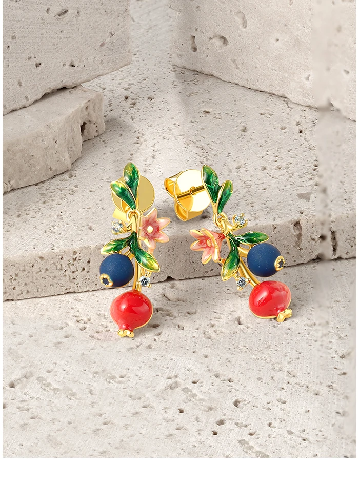 SANTUZZA Echte 925 Sterling Silber Ohrhänger für Damen, Exquisite Früchte, Blaubeeren & Granatapfel, Niedlicher Edel-Schmuck mit Emaille – Detail 1