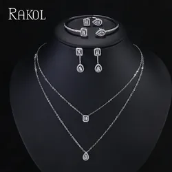 RAKOL Women Double Layer Necklace Zircon Earrings Ring Bracelet Opening Set Droplet Pendant Square Crystal Wedding Jewelry