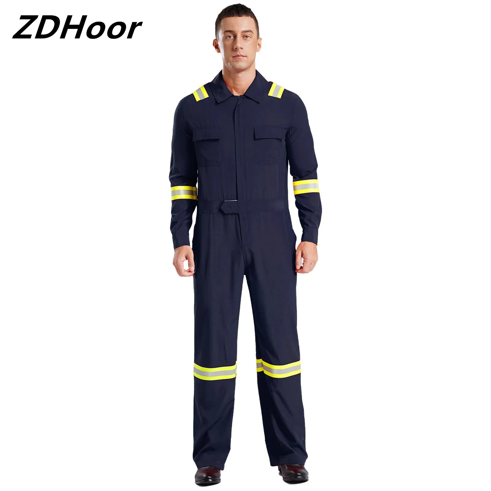 

Mens Reflective Stripes Coveralls High Visibility Turn-Down Collar Long Sleeve Zipper Jumpsuits Coveralls Work Clothes