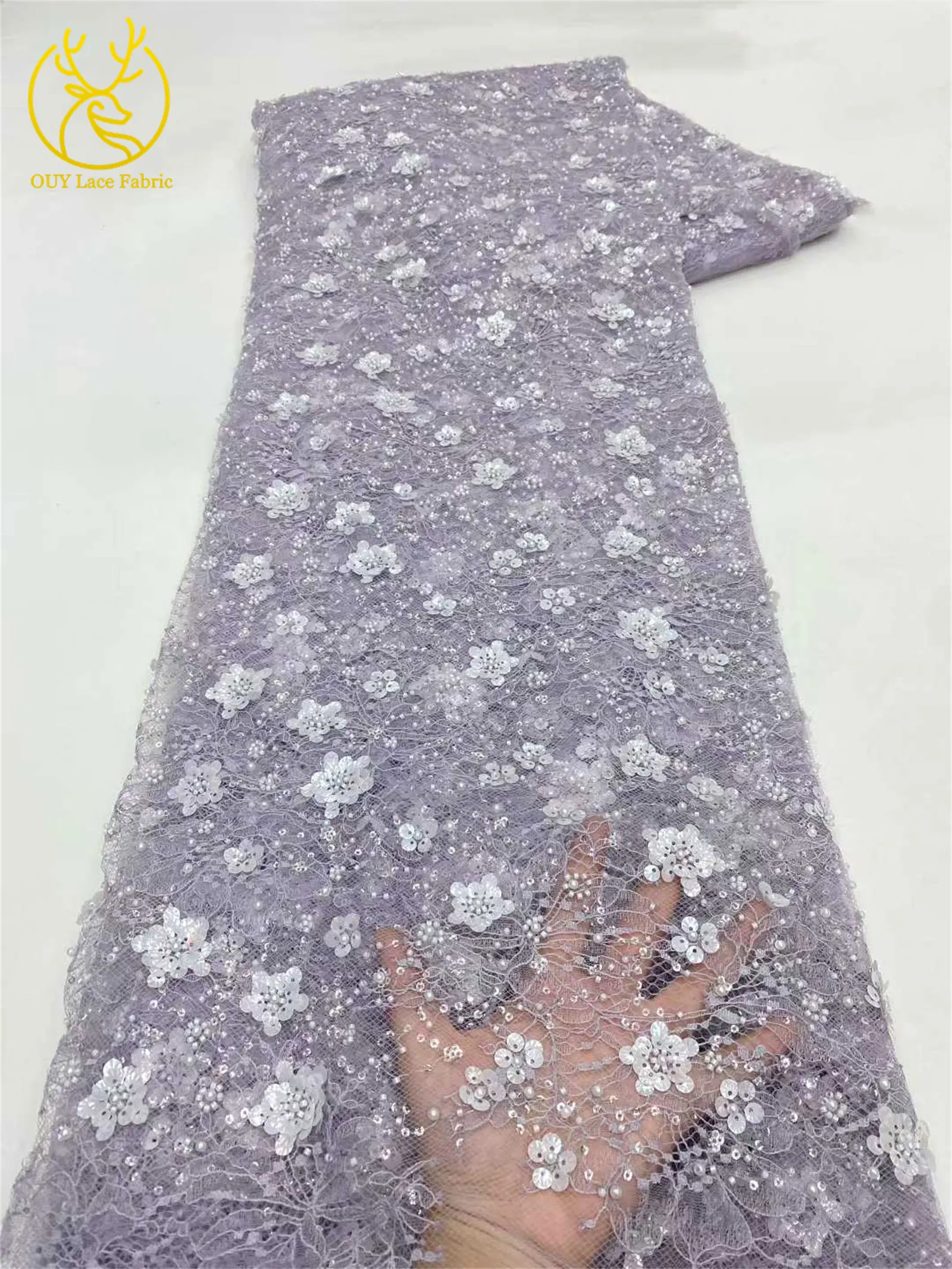 Wunderschöner afrikanischer 3D-Blumen-Pailletten-Spitzenstoff 2026, hochwertige französische nigerianische Perlen-Spitze für Damen-Abendkleider zum Nähen – Detail 9