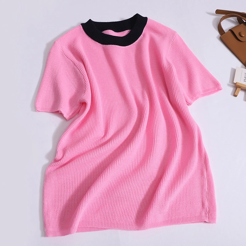 Contrasting Color O-neck Knit T-shirt Vintage Knitted Women's  Short Sleeve T-shirt Top