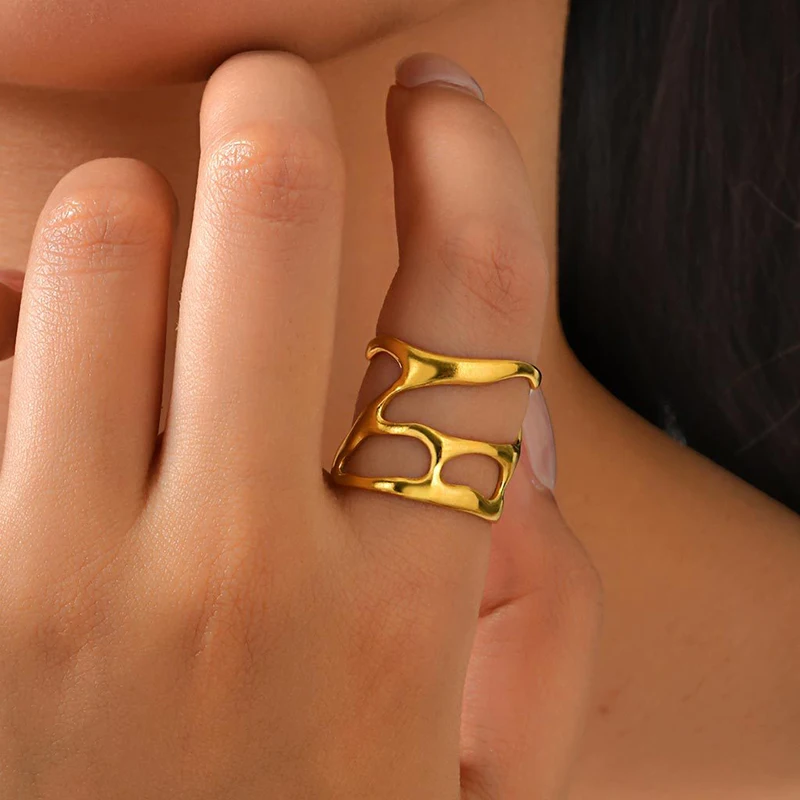 Offener Ring aus Edelstahl für Damen, schlicht, trendig, unregelmäßig, hohl, geometrisch, Ring, täglich, lässig, vielseitig, Großhandel, Schmuck, Geschenk