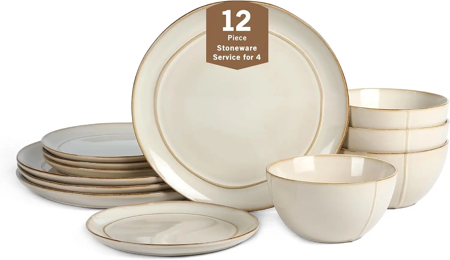 

Infinity 12-Piece Dinnerware Set Stoneware, Plates and Bowls Set, Dishwasher and Microwave Safe, Dish Set for 4, Beige