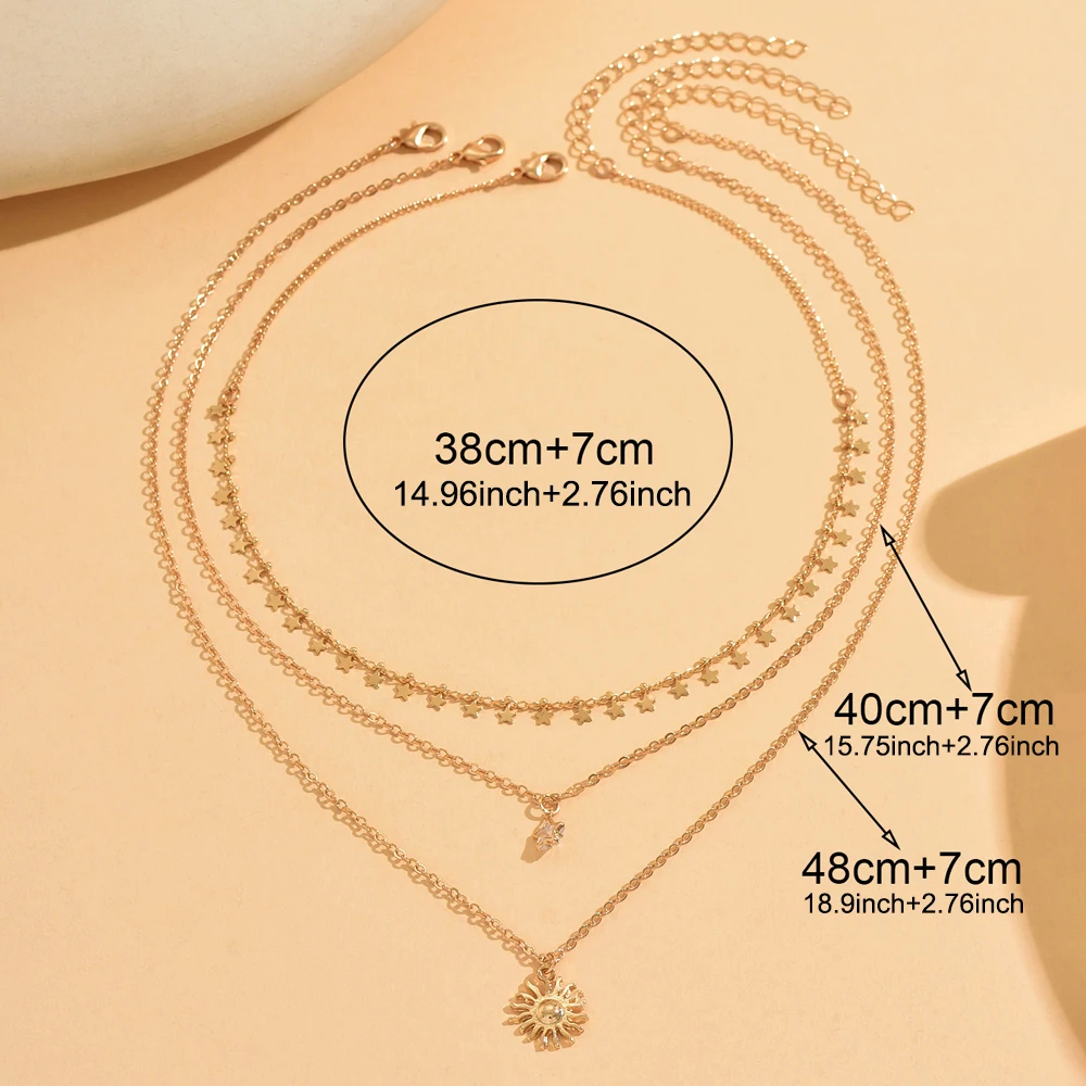 Gold Layered Star Necklace Set For Women 3PCS Dainty Sun Pendant Choker Adjustable Necklace for Daily Beach Party Gift