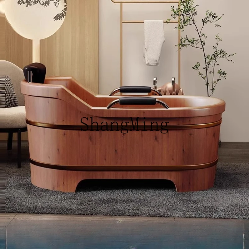 

ZYYnew simple wind wooden bucket bath bath whole body household solid wood armrest bath tank basin