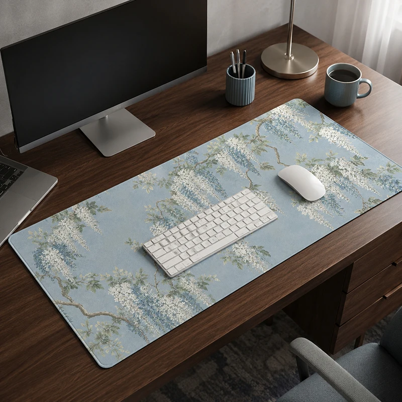 Mouse Pad Gamer White And Blue Wisteria Flowers printon demand Home HD Computer Mousepad XXL MousePads Carpet Natural Rubber