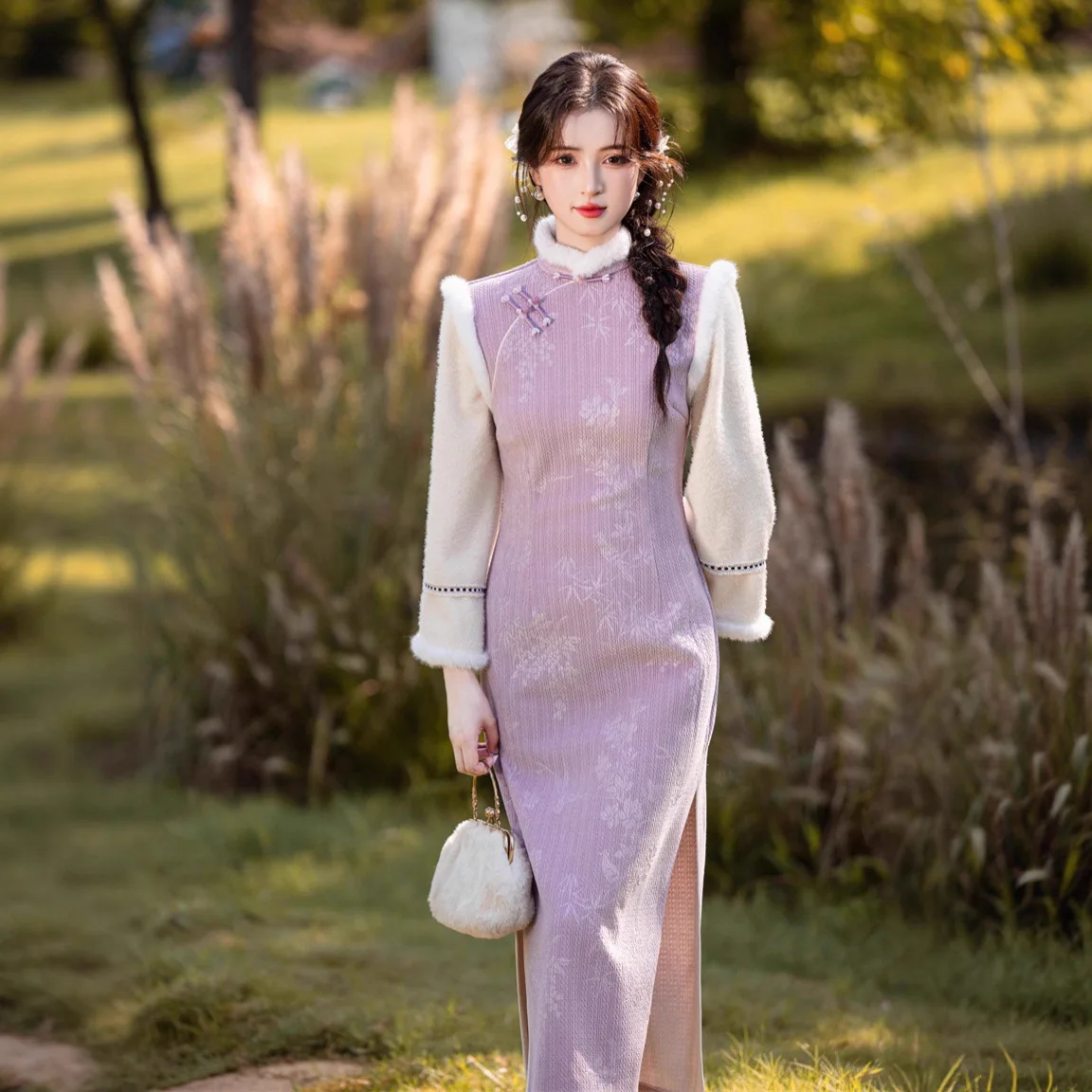 

Yourqipao зимнее плюшевое утепленное флисовое длинное платье Cheongsams с воротником-стойкой и низким разрезом Qipao, вечернее платье в китайском стиле для женщин