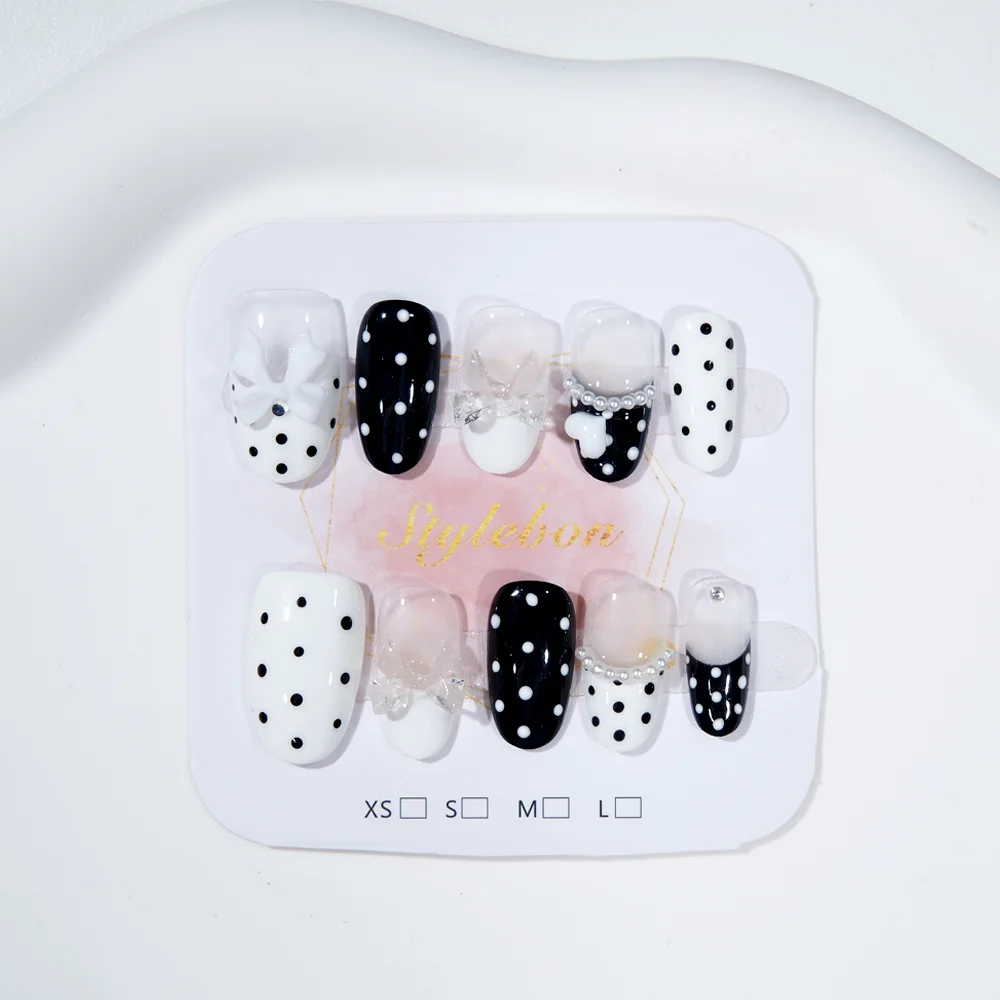 

10 шт., пресс для ногтей ручной работы, миндальный французский горошек, бант, полное покрытие, типсы для ногтей для женщин и девочек, съемный носимый дизайн ногтей