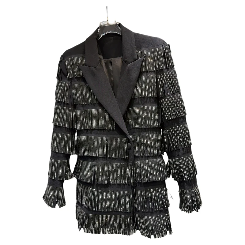 Primavera 2026 novo design pesado oulder pad lantejoulas borla terno feminino design original solto ajuste longo sve um botão cor pura
