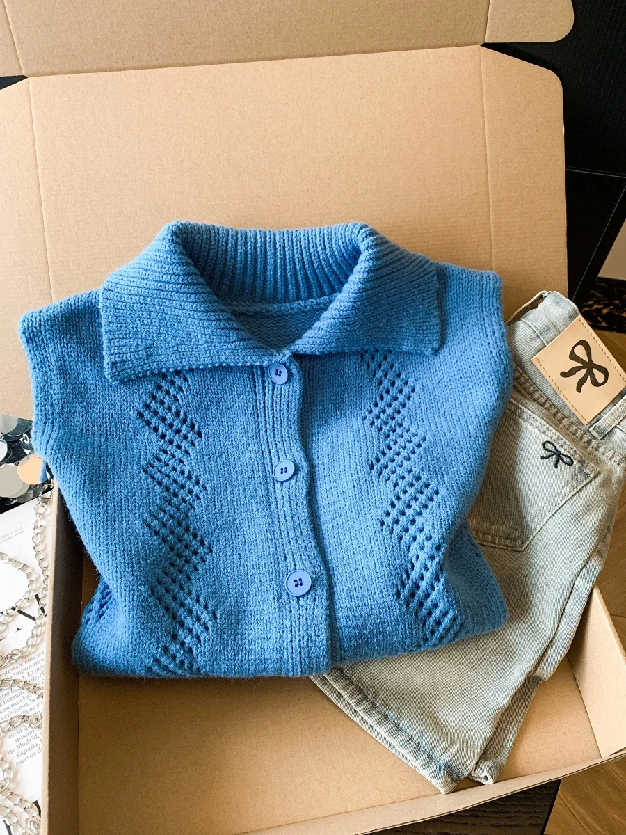 

Faionable Knitted Hollow out Collar Open Cardigan Vest Women's Spring Small Size High Waist Loose Fit Casual Sle