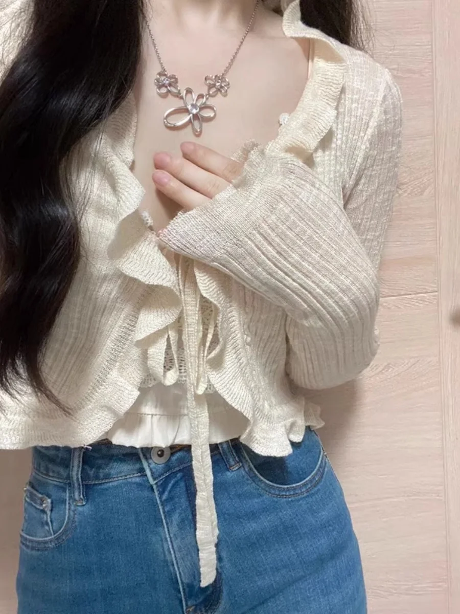 

Lightweight Knitted Ice Silk Sun Protection Cardigan Women's Summer Shawl Strap Vest Long Sleeve Cover up V-Neck Short Style