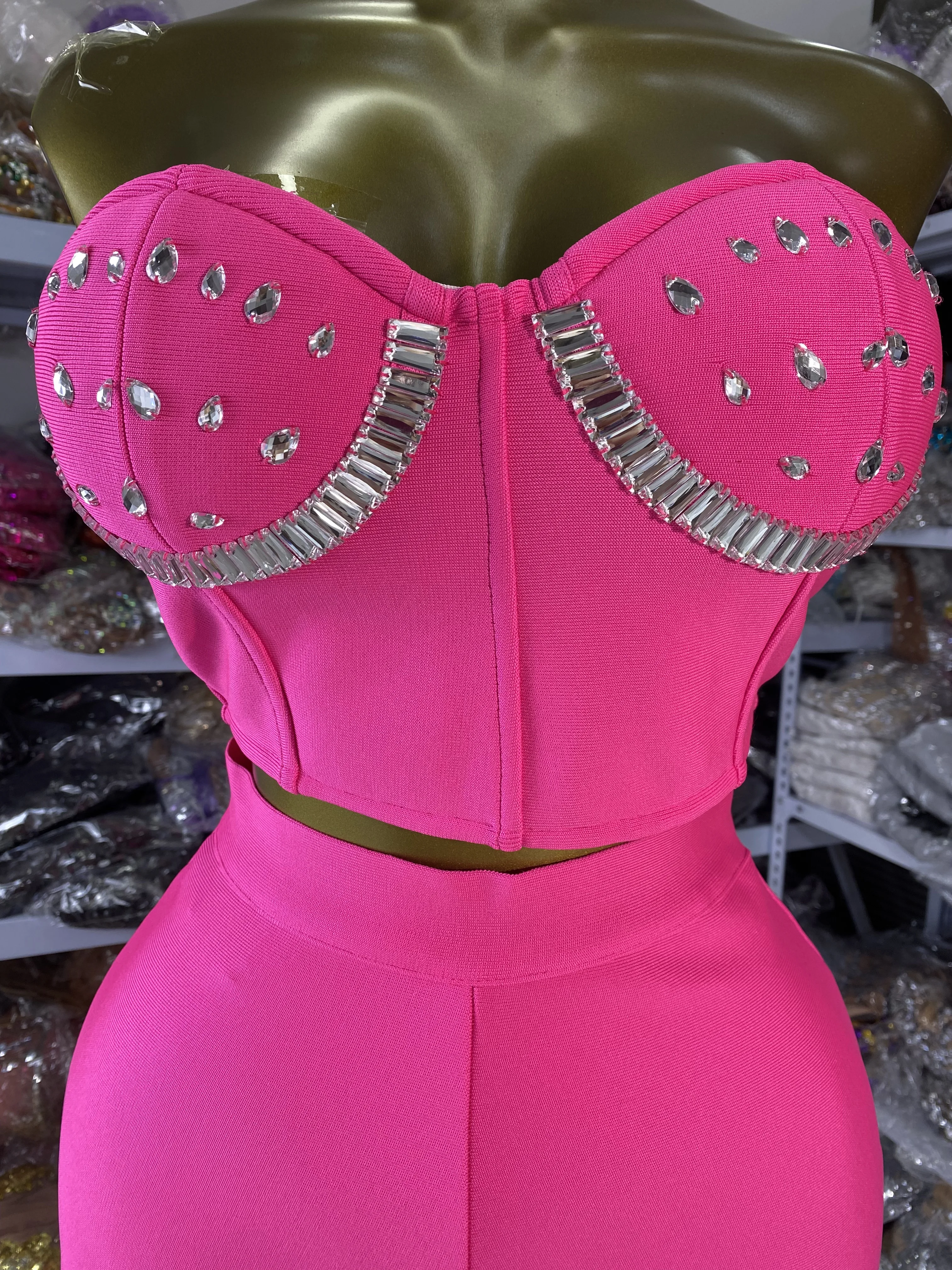 

Factory Wholesale Women Hotpink Bandage Outfits Crystal Tube Top And Casual Pants Knitted Two Pieces Sets Evening Club Party