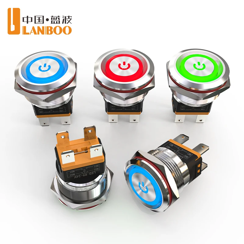 LANBOO LB22C Metal Pushbutton Switch—15A High Current—Momentary/Latching.Stainless Steel/Black Anodized Aluminum Options