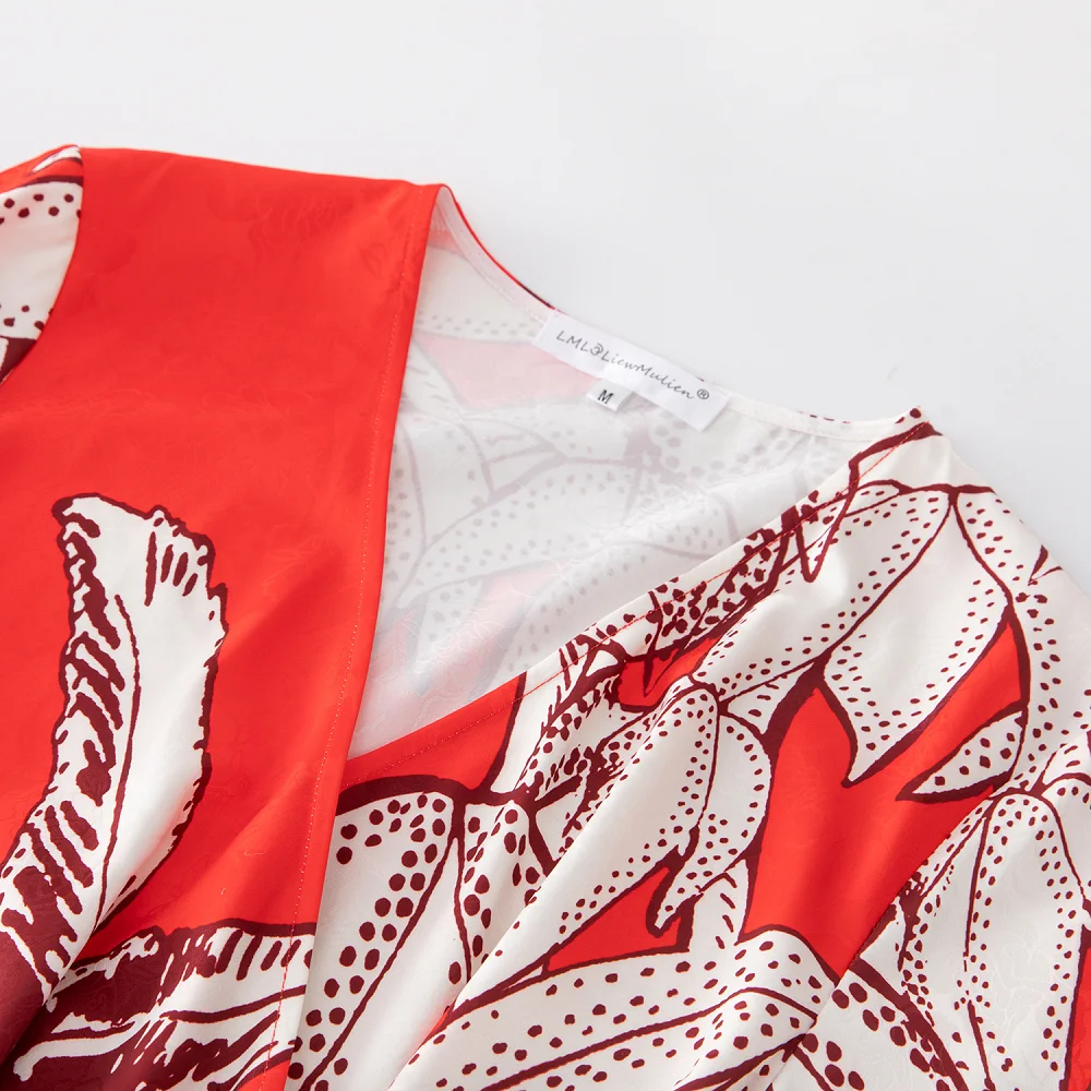 2023 New Summer Fashion Designer Vintage Casual Women's V-Neck Lace-up Waist Red Flower Printing Maxi Long Dress