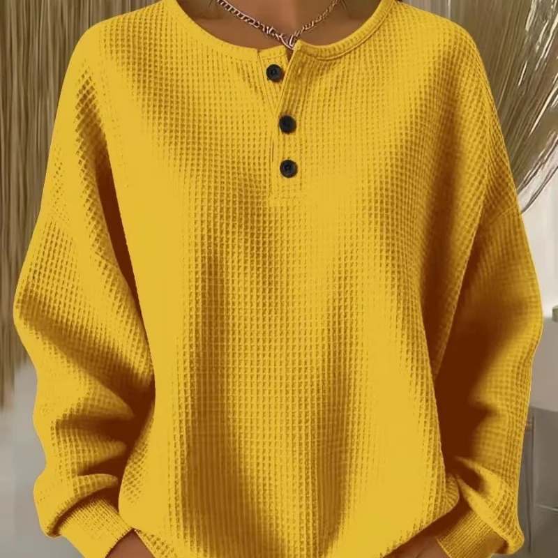 Spring Autumn Round Neck Button Splice Long Sleeve Women's New Waffle T-shirt Elegant Solid Color Casual Loose Pullover Tops