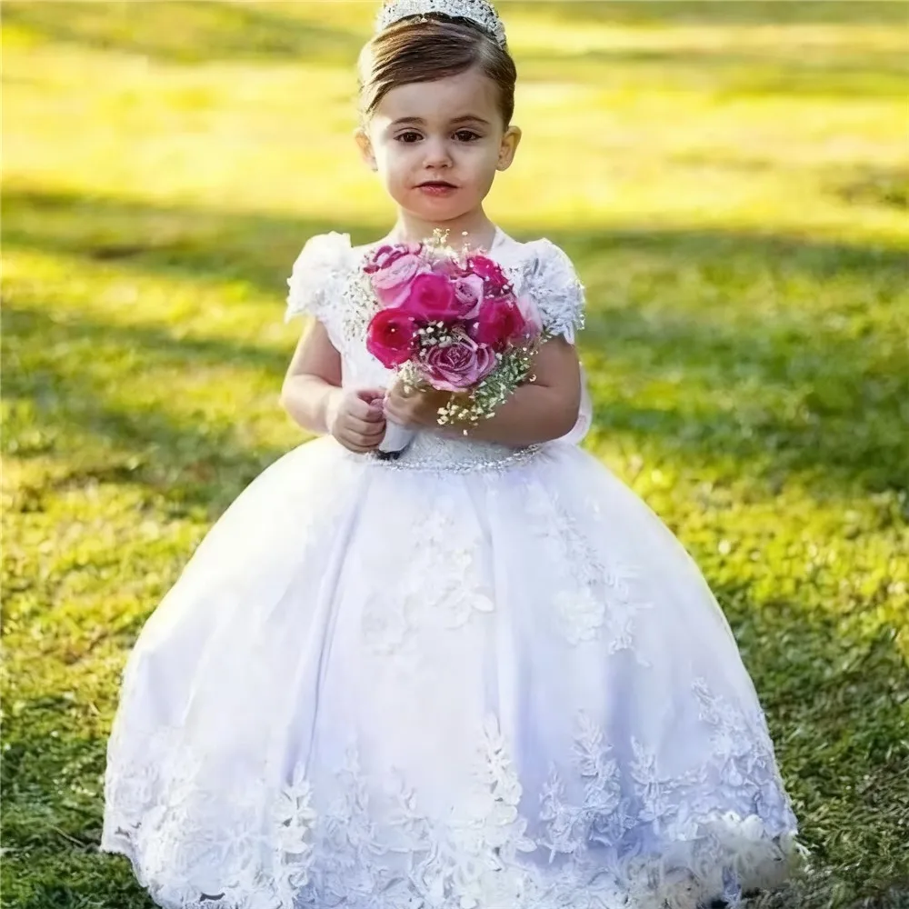 

Customized Elegant Flower Girl Wedding Dress Lace Pearls with Bow Princess Birthday Party Pageant Kids Holy First Communion Gown