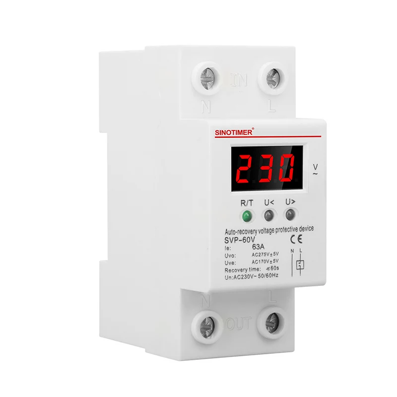 Sinotimer Single Display Adjust Voltage Relay Control Over Under Voltage Protector Device 220V 63A 40A Cut Off Power Regulator