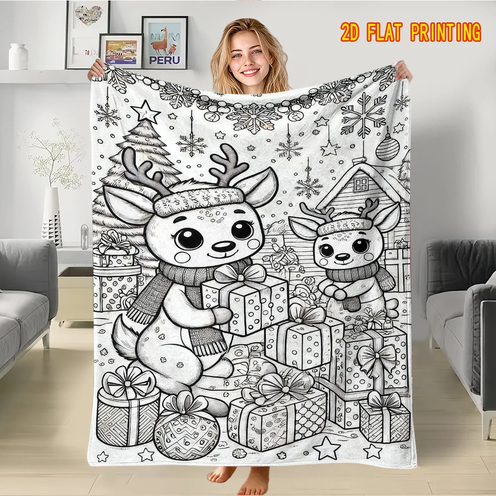 1pc Hand‑Painted Style Christmas Reindeer Paint‑by‑Number Throw Blanket, Black‑White Line Art with Reindeer, Gift Box