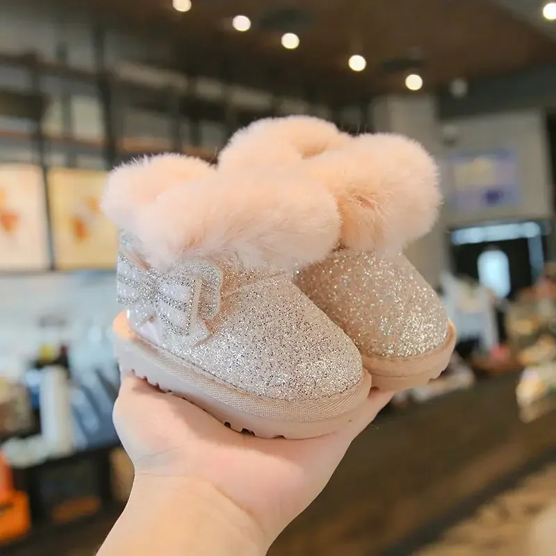 Girls Sparkly Snow Boots Kids Glitter Faux Fur Winter Boots Bowknot Warm Waterproof Non-Slip Short Boots Princess