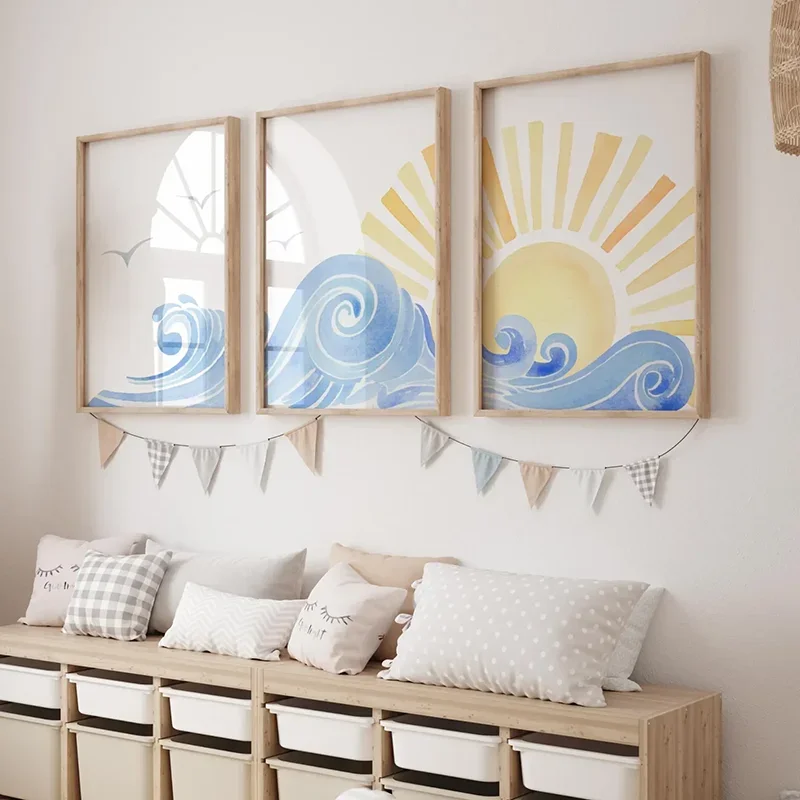 Large-sized frameless  3PCS Watercolor Ocean Nursery Posters  Boho Coastal Wall Art  Sunshine wall decoration Canvas Pai