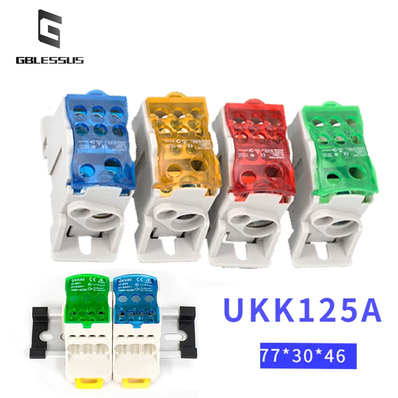 

UKK125A Terminal Junction Box Connector Rail Type 1 in 6 Out Distribution Wiring Accessories Blue Green Red Hole Distance 64mm