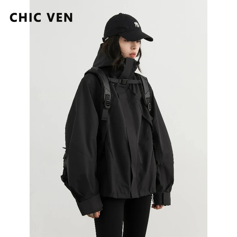 

Женская куртка CHIC VEN: Свободная повседневная однотонная укороченная куртка с капюшоном для активного отдыха, ветрозащитная, осенне-зимняя коллекция 2026
