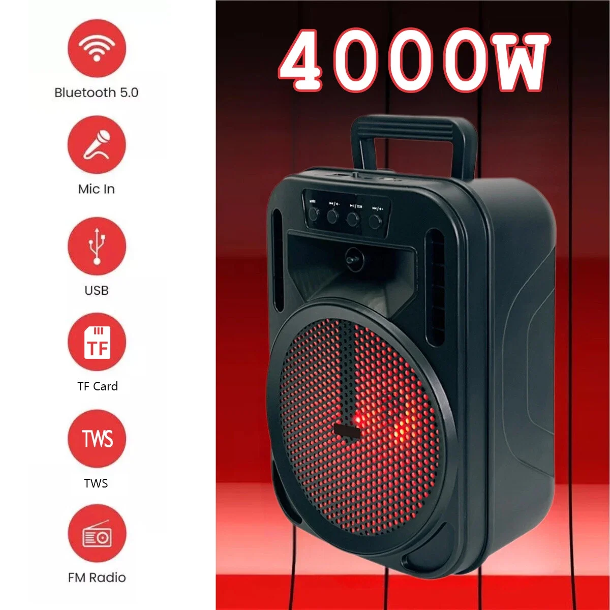 

6,5-дюймовый НЧ-динамик, 4000 Вт, портативный Bluetooth-динамик для вечеринок, бас-стерео, TWS, FM, AUX и USB