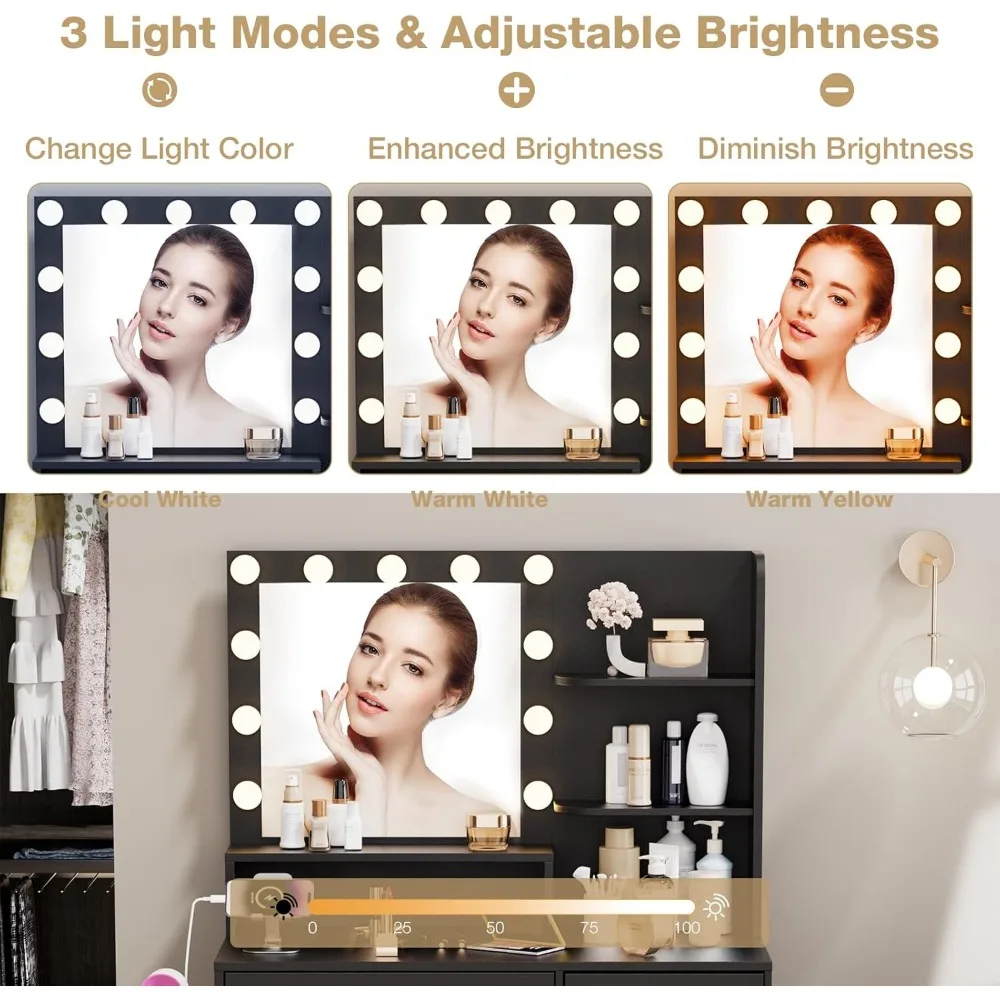 Vanity Desk illuminato con presa di corrente, set da trucco bianco con 2 cassetti, toletta regolabile per B migliorato