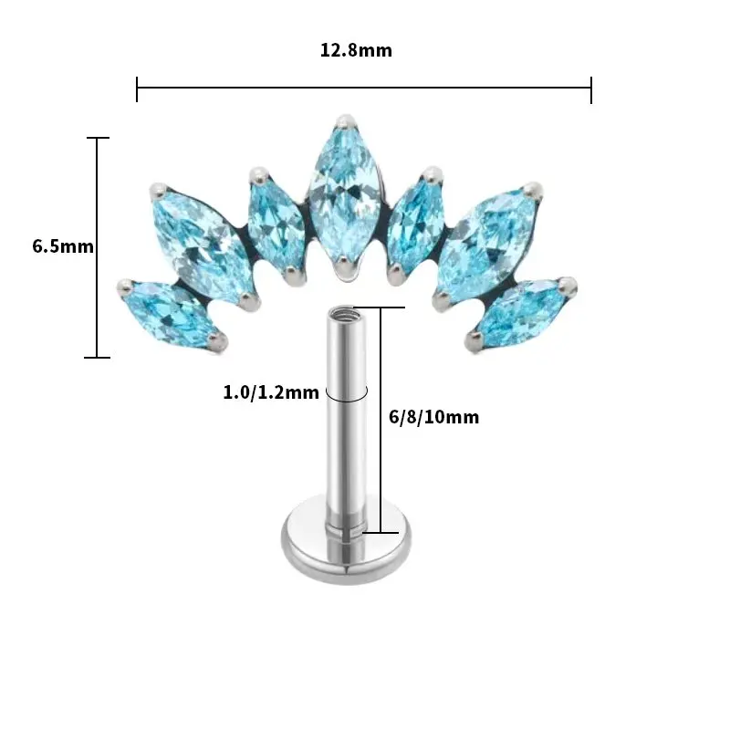 G23 Titan Lippenpiercing mit Marquise CZ, flacher Rückseite, innenliegendem Gewinde, für Labret, Tragus, Helix, Knorpel - Schmuckzubehör – Detail 2