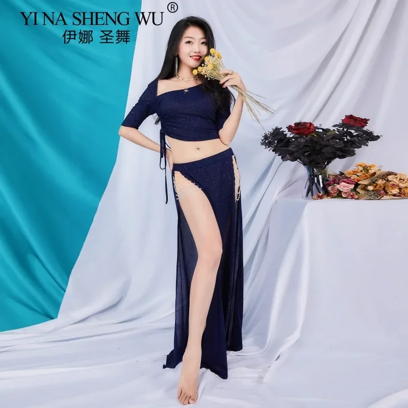 Novas mulheres trajes de dança do ventre sexy topo e frisado longo divisão saia feminina roupas de dança do ventre mangas curtas roupas de treinamento