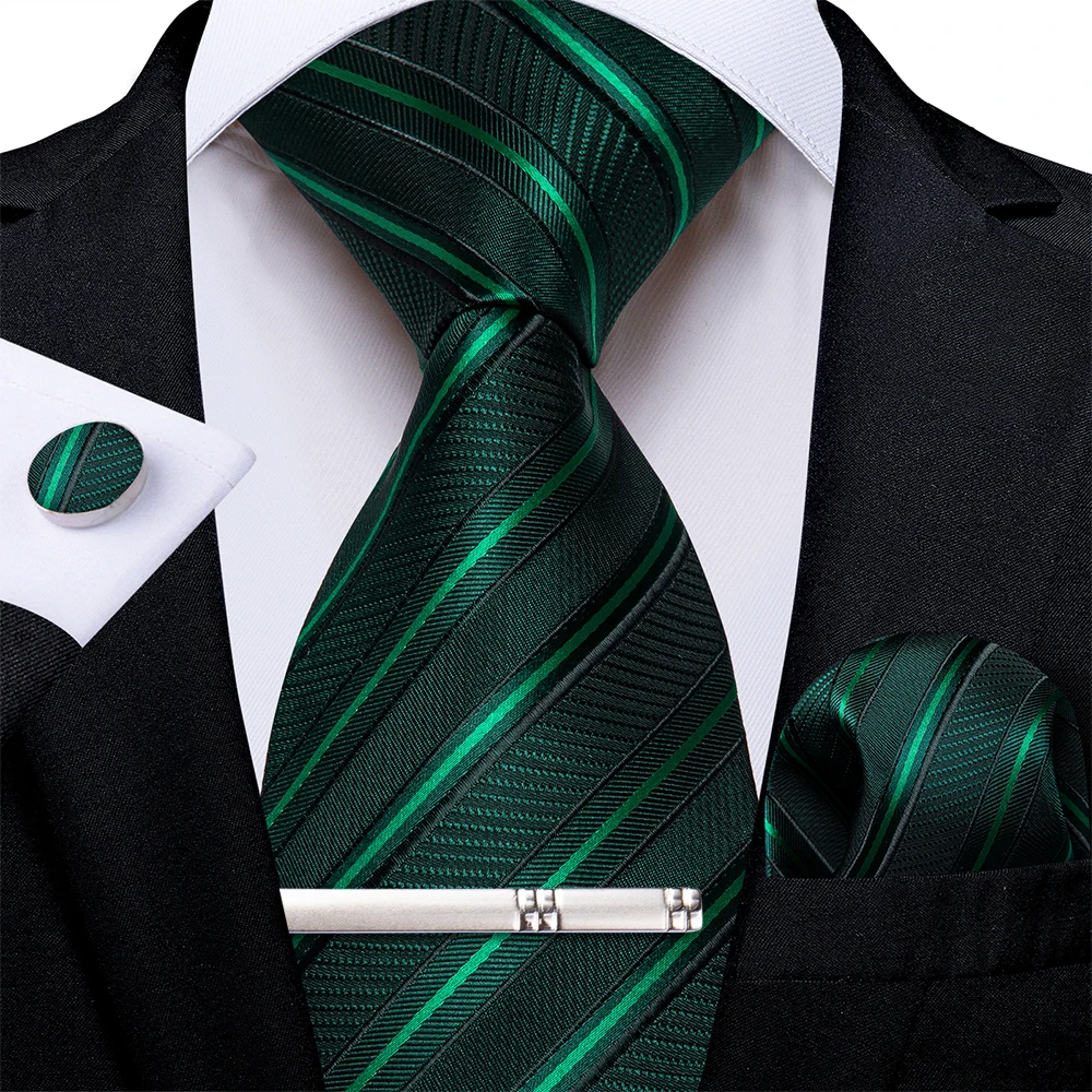 Green Striped Paisley Floral Elegant Men's Ties Pocket Square Cufflinks Wedding Party Groom Accessories 8cm Necktie Gift