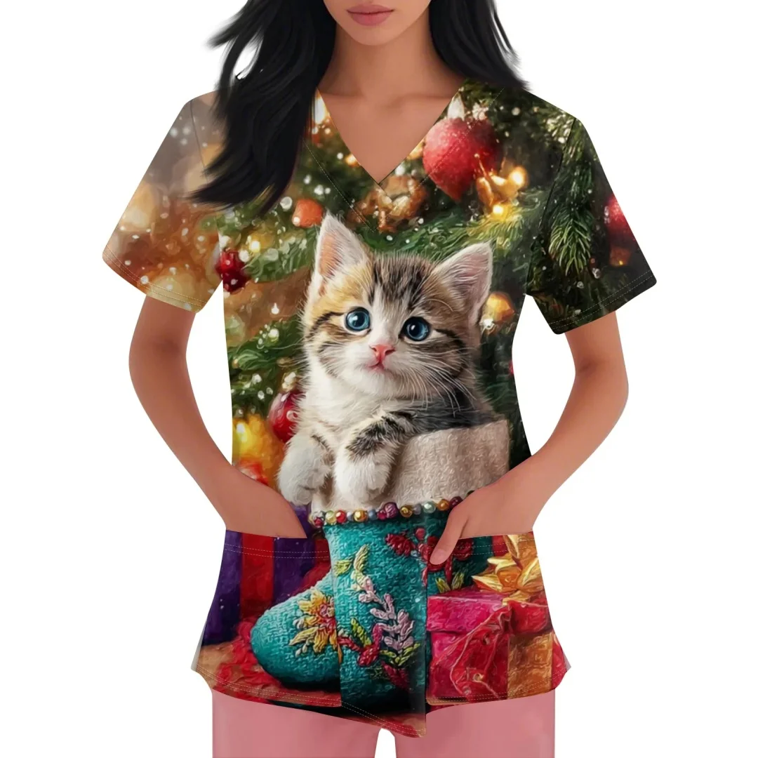 ชุดยูนิฟอร์มพยาบาลลายการ์ตูนซานตาคลอส แขนสั้น คอวี สำหรับผู้หญิง ทำงานในโรงพยาบาล หรือสถานพยาบาล