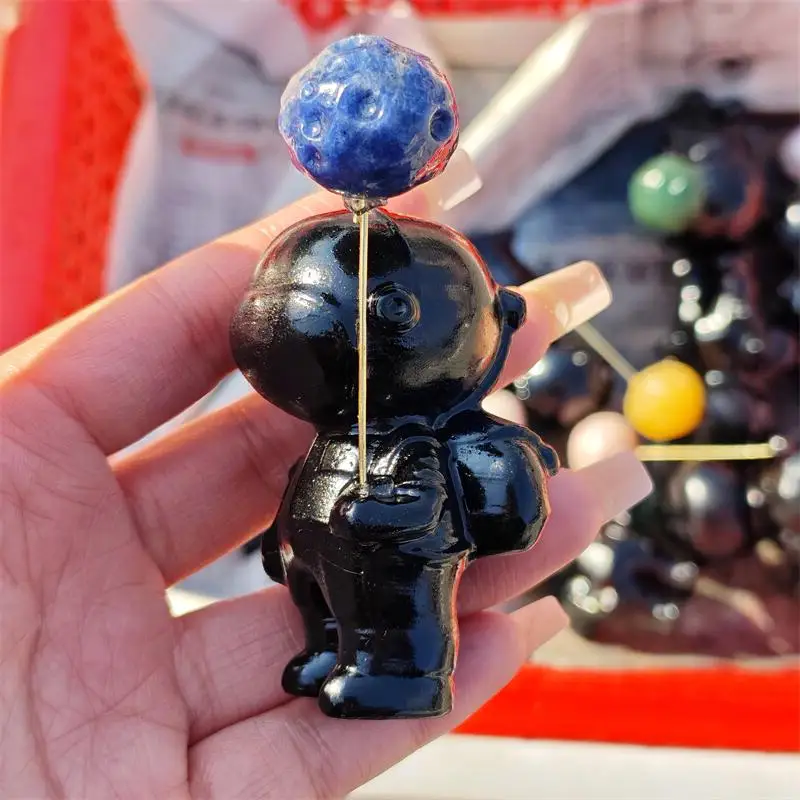 Natural Black Obsidian Spaceman Carving Healing Reiki Figurine Crystal Carving Statue Crafts Home Decorat Gift 1PCS