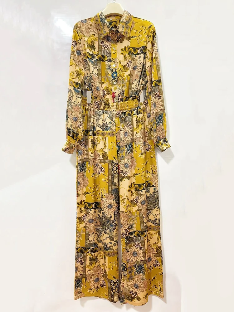 

Осенний женский модный комплект: рубашка прямого кроя с лацканами в стиле ретро из двух частей + свободные широкие брюки с эластичной резинкой на талии.