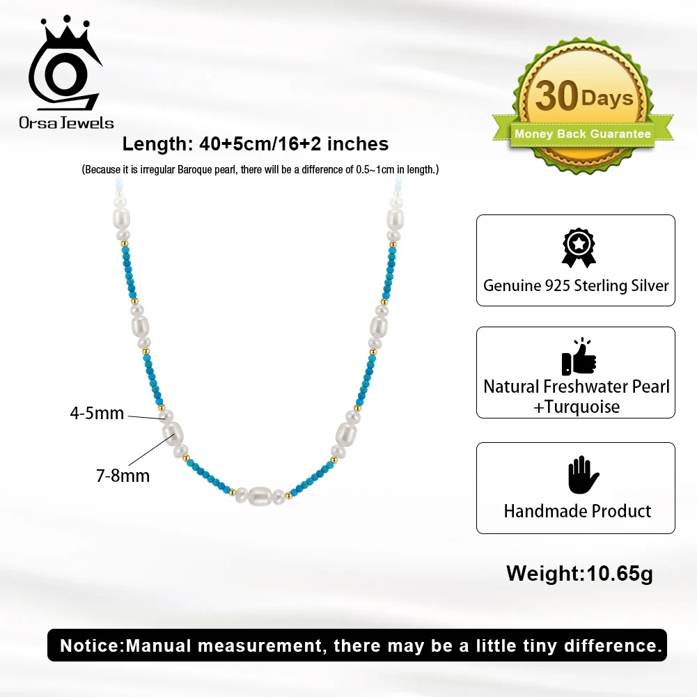 ORSA JEWELS Natural Turquoise Choker Necklace with Handmade Natural Baroque Pearl Tiny Chain for Women Vintage Jewelry MPN03
