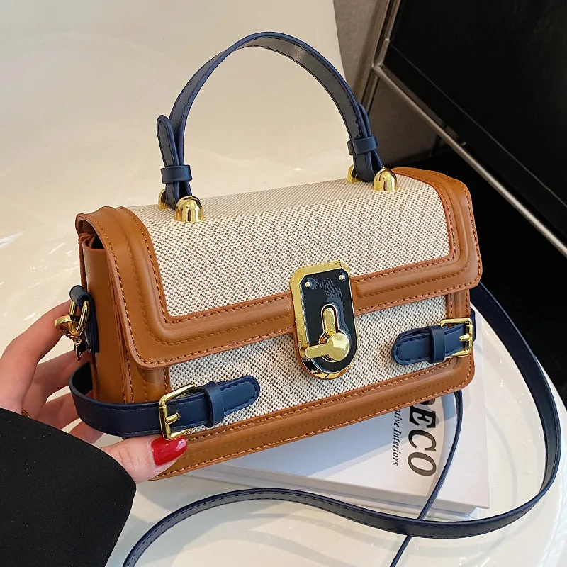 Fashion Colorblocking Girls Shoulder Bag Simple Girls Handbag Retro Ladies Crossbody Bag Car Stitching Craft Metal Decoration PU