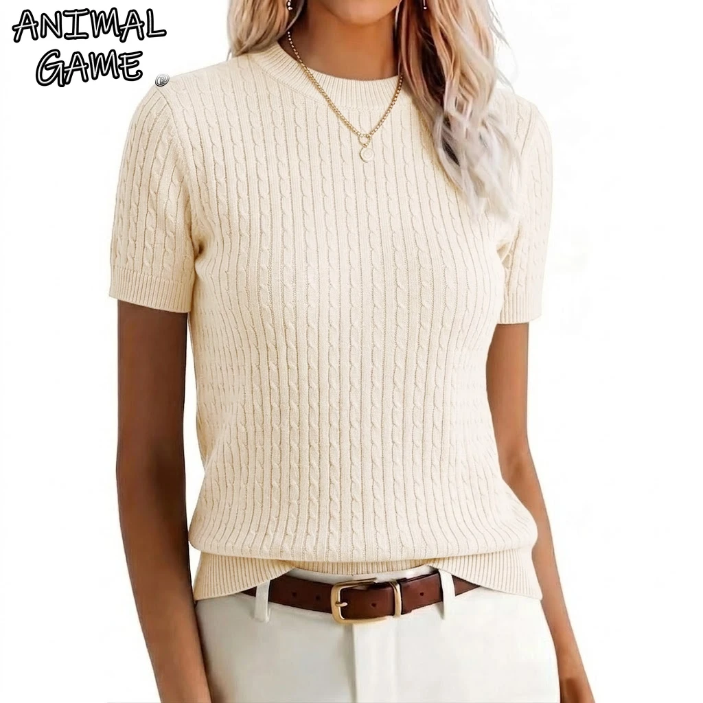 Damen Pullover Shirts Sommer Strickwaren Kurzarm Rundhals Pullover Top Lässige Strand Urlaub T-Shirts Strick-T-Shirts für Frauen
