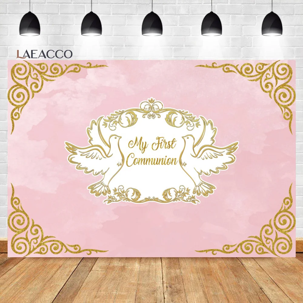 

Laeacco Girl First Communion Backdrop Pink Gradient Golden Dove Kids Birthday Baptism Portrait Customized Photography Background