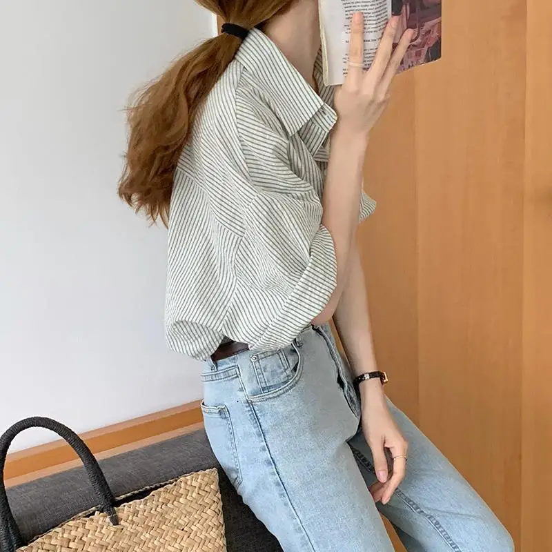 Women's Clothing Casual Vertical Stripe Short Sleeve Shirt Summer New Arrival French Chiffon Stylish Versatile Elegant Blouse