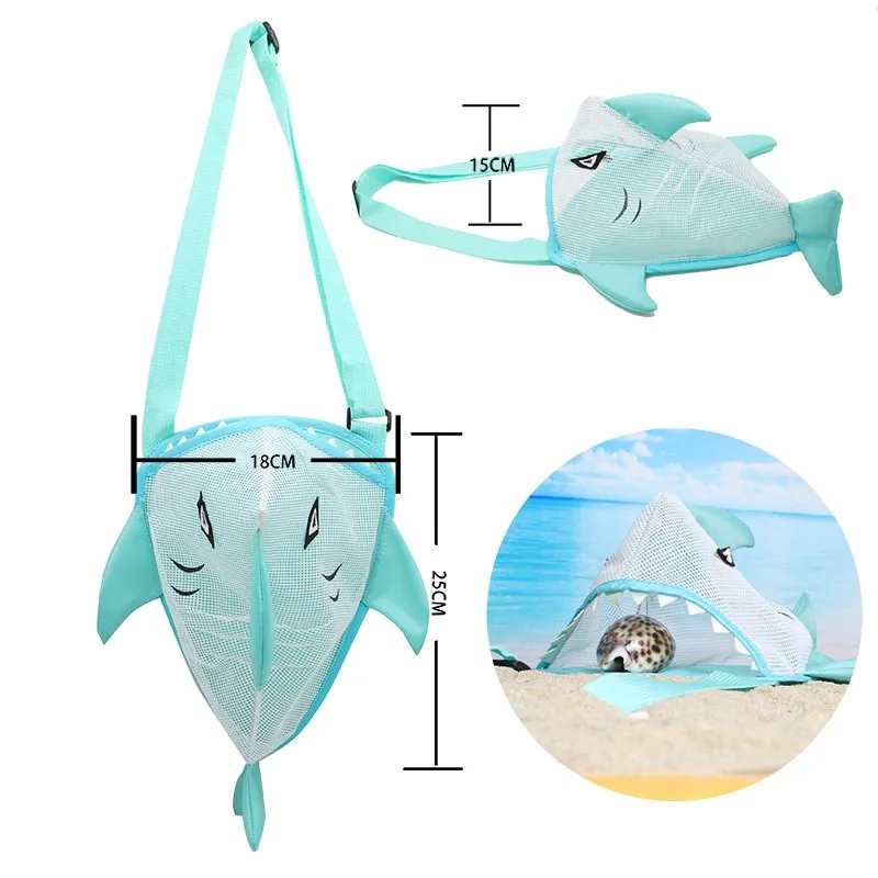 Kids Shark Beach Bag Summer Cartoon Mesh Bag Shell Backpack Nylon Lightweight Waterproof with Adjustable Strap for Pool Travel