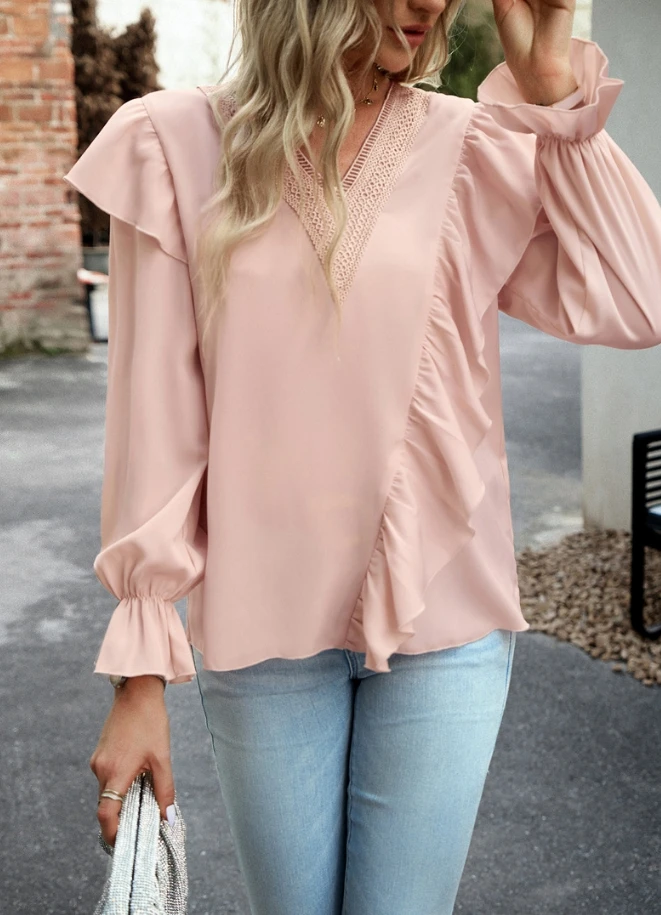 

Fashionable Summer New Long Sleeved Shirt Temperament Commuting V-Neck Long Sleeved Shirt Casual Minimalist Top