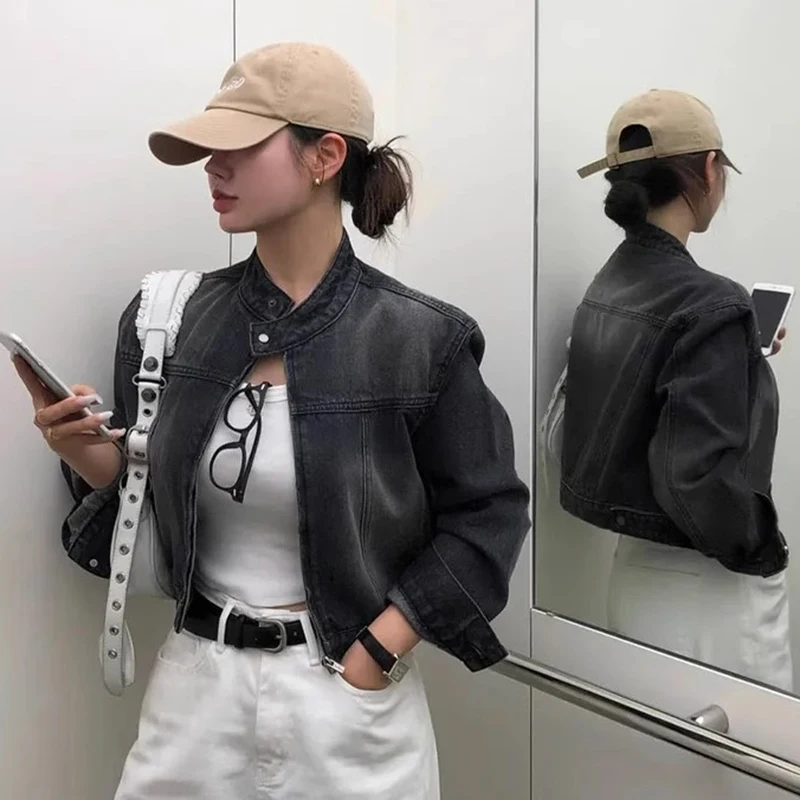 

Retro Chic White Waed Long Sve Zipper Denim ort Jaet Loose Fit Stand Collar Versatile Women's Outerwear for Autumn