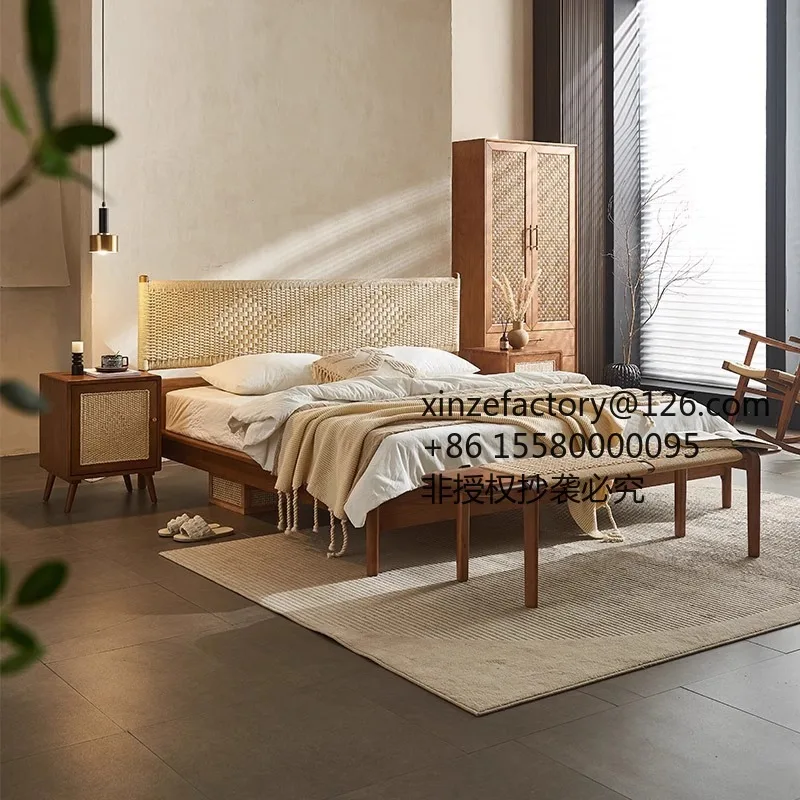 Factory Direct 2026 Top RatedSouth East Asia style solid wood  1.8 meters rattan double hotel homestay art furniture designer ra