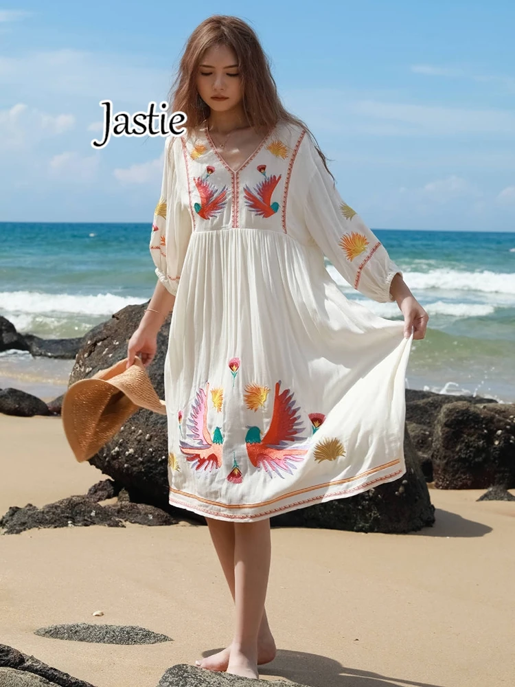 Jastie Ethnic Embroidered Dress Women\'s V-neck 3/4 Sleeves Retro Beach Dress Loose Seaside Vacation Dress Spring And Autumn 2024