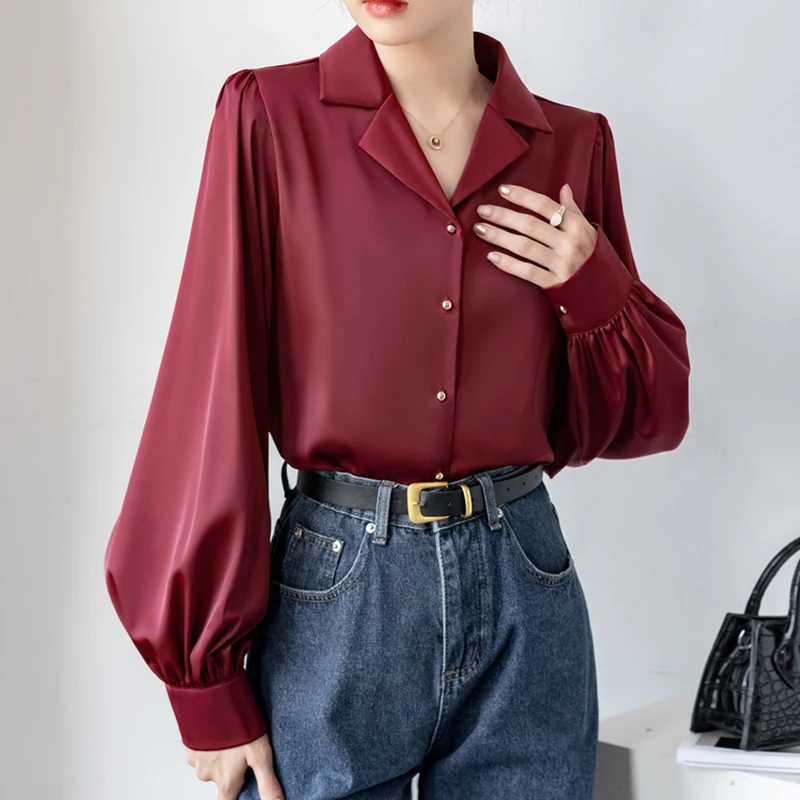 QOERLIN French Vintage Red Notched Collar Shirt Women Satin OL Elegant Lantern Sleeve Tops Blouse Long Sleeve Office Shirts S-XL