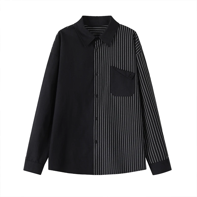 Men 2026 Autumn New Color‑Block Stripe Spliced Long Sleeve Shirt Lapel Chest Pocket Loose Casual Daily Male Blouse Tops