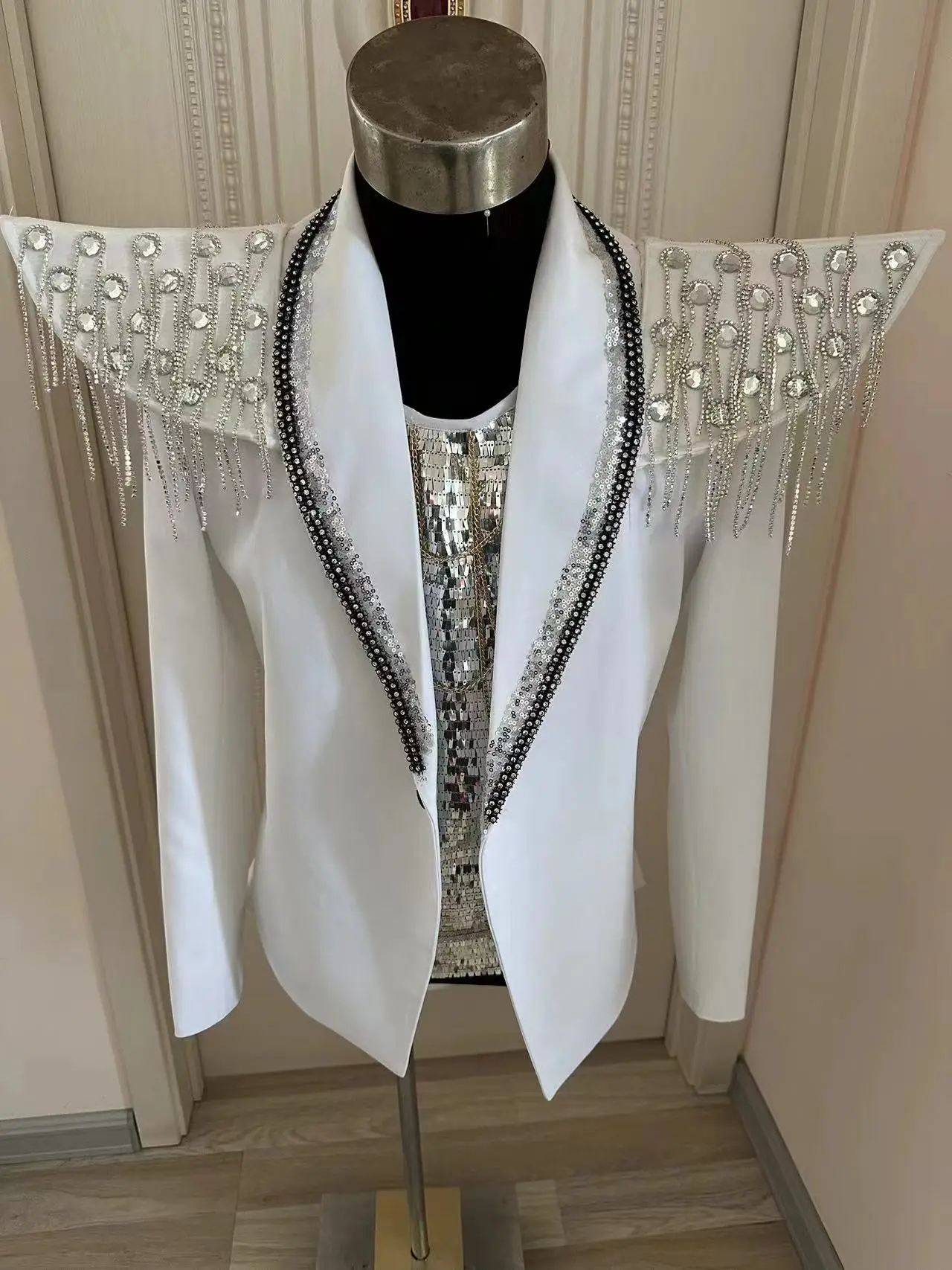 Handmade Male Female Chain Epaulet Tassel Jacket Stage Show Performance Sequins Costumes Nightclub Bar Male Singer Dance Wear