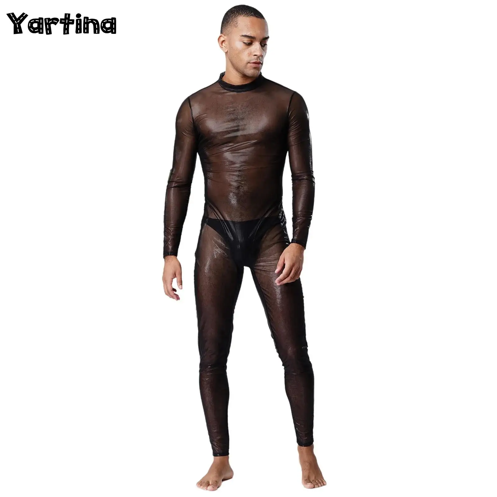 

Мужское нижнее белье, прозрачные леггинсы для мальчиков, блестящие колготки металлик, комбинезон для всего тела, длинные брюки, комбинезон на молнии сзади