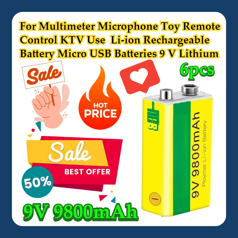 

For Multimeter Microphone Toy Remote Control KTV Use 9V 9800mAh Li-ion Rechargeable Battery Micro USB Batteries 9 V Lithium 6pcs